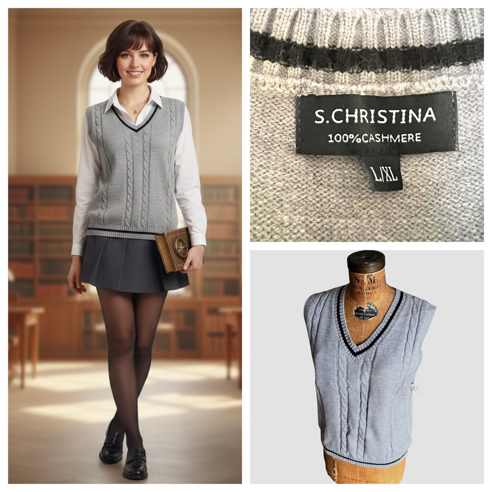 S. Christina 100% Cashmere Cable Knit Sweater Vest Grey‎ Preppy V-Neck Large NWT